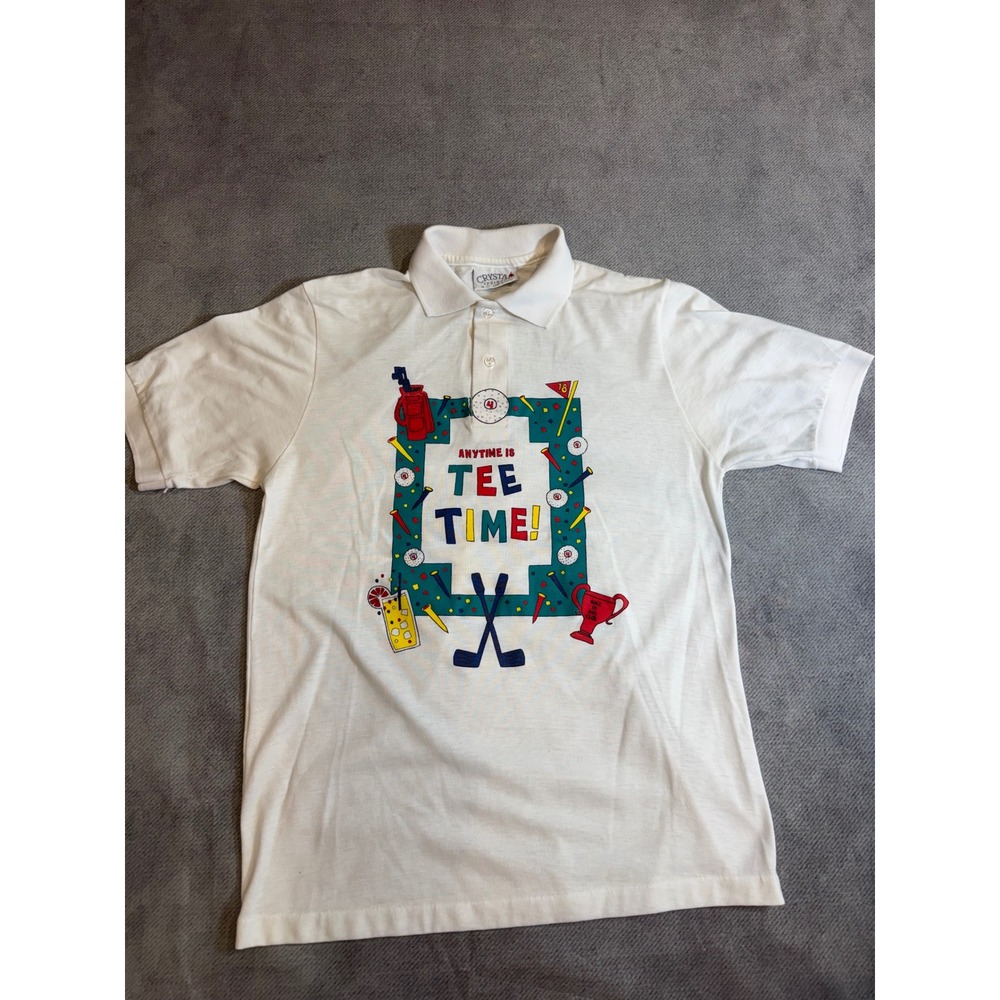 Vintage Crystal Springs Golf Polo Shirt White Tee Time Graphic Mens Medium USA